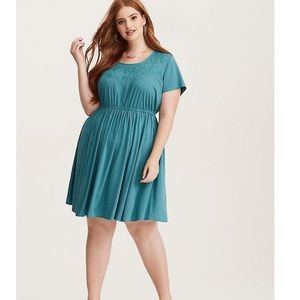 TEAL CHALLIS EMBROIDERED SKATER DRESS (NEVER WORN)